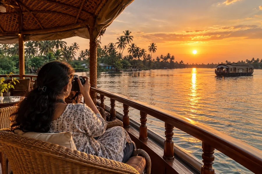 A traveller photographing sunset from a protected houseboat deck