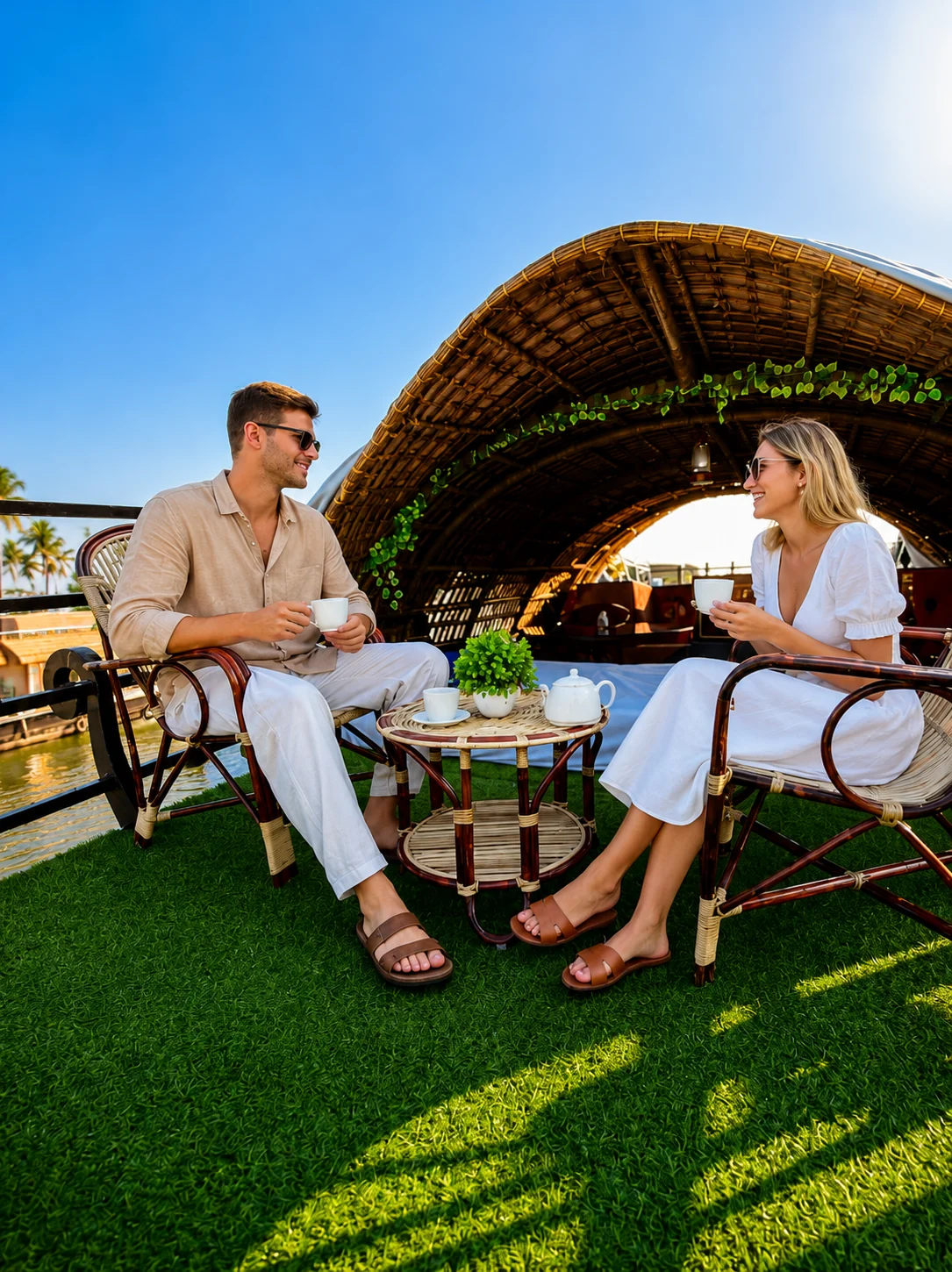 A couple relaxing with tea on a houseboat deck