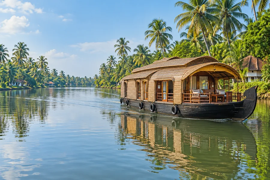 A traditional Kerala houseboat on a bright daytime cruise