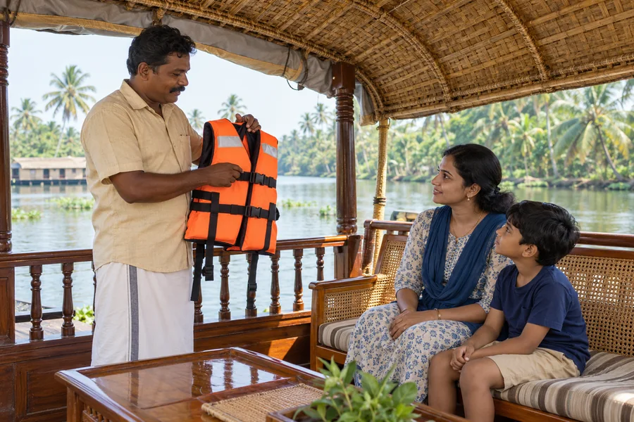 A houseboat crew member giving a calm safety briefing