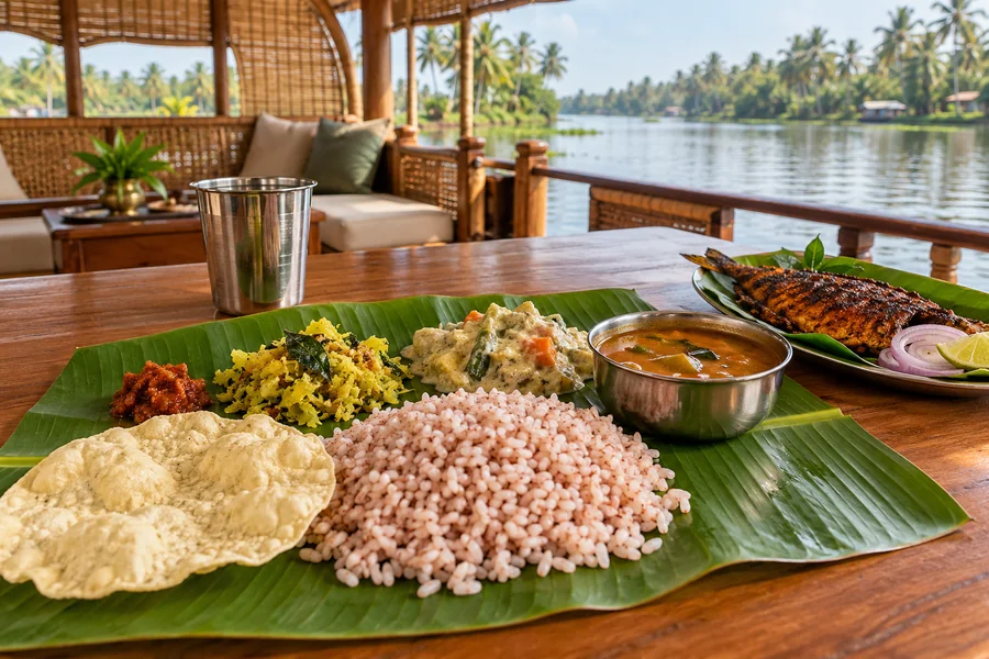 Kerala lunch served on a banana leaf aboard a houseboat