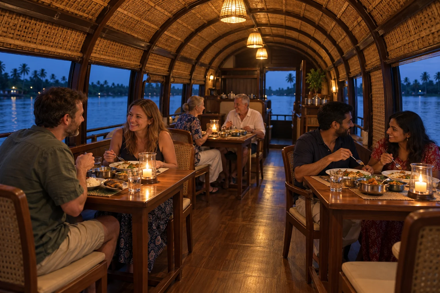 Couples enjoying a candlelit Kerala dinner at separate tables in a shared houseboat