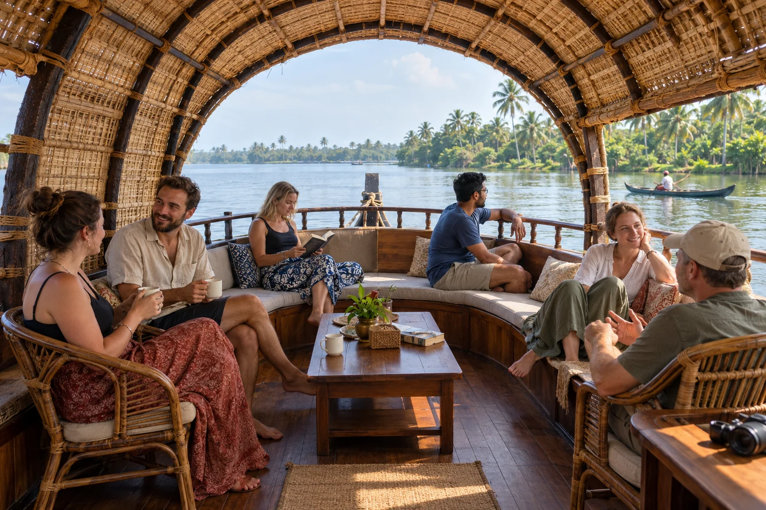Guests chatting, reading, and watching the backwaters in a shared houseboat lounge