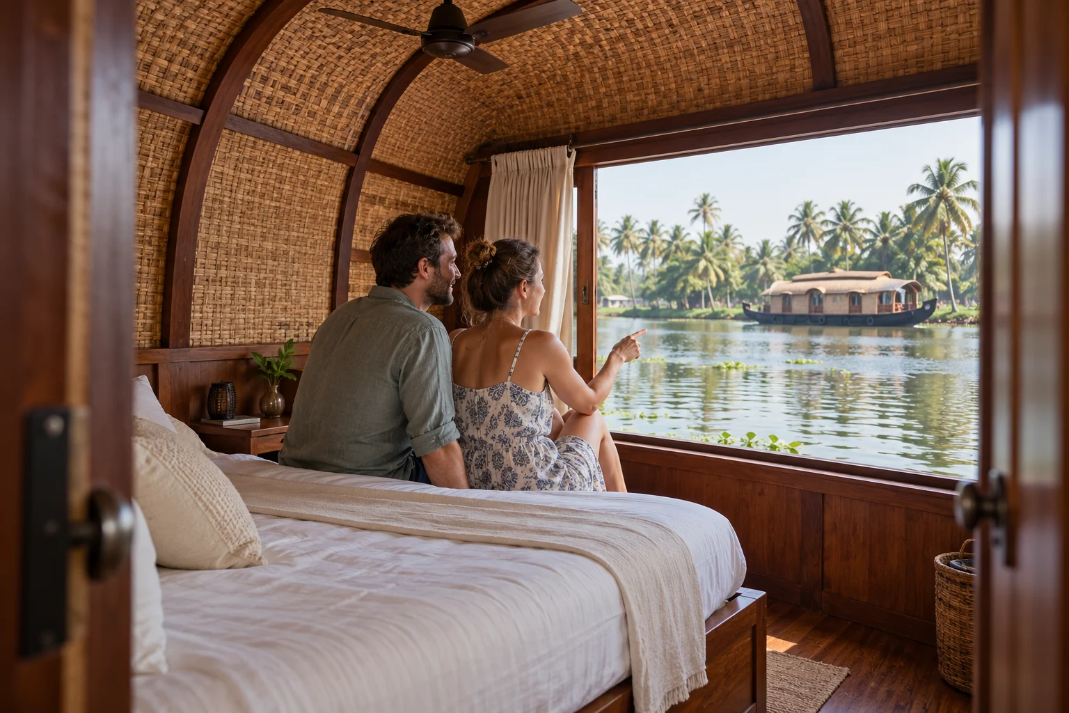 A couple enjoying the backwater view from their private houseboat cabin