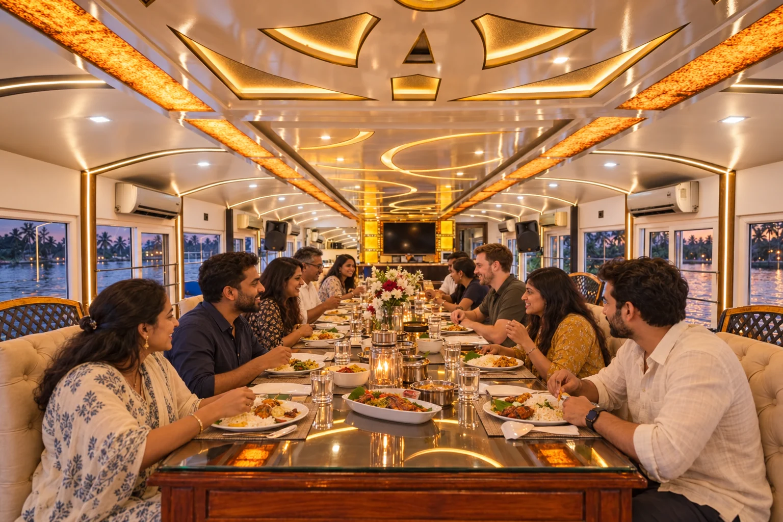 Colleagues sharing a Kerala dinner inside a houseboat dining room