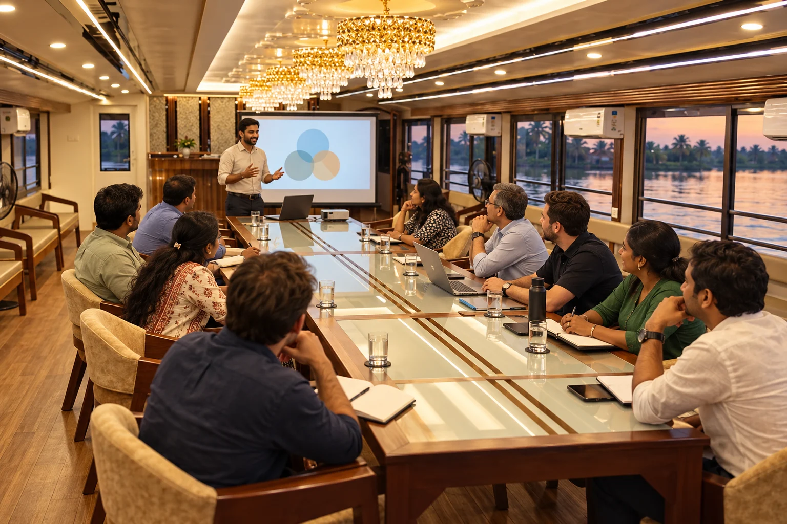 Colleagues attending a presentation inside a houseboat meeting room